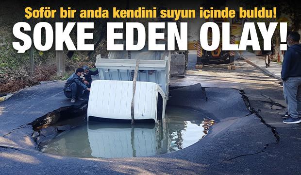 Bodrum'da su hattı patladı! Yoldan geçen kamyonet asfaltın içine düştü!