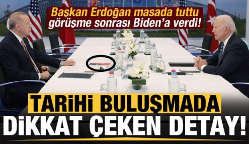 Son dakika: Tarihi görüşmede masadaki dikkat çeken detay! Erdoğan, Biden'a verdi...