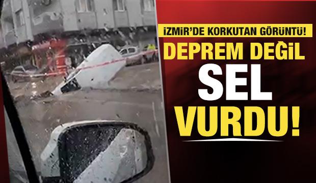 Son Dakika... İzmir'de şiddetli yağış: Yol çöktü!