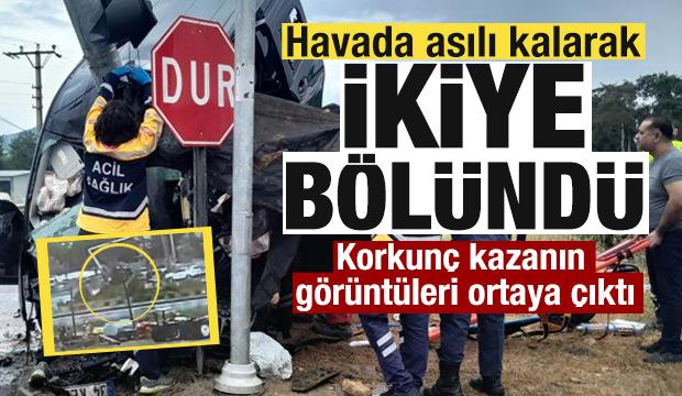 Havada asılı kalarak ikiye bölündü! Korkunç kazanın görüntüleri ortaya çıktı