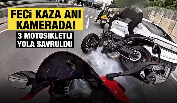 Kocaeli'de korkutan kaza kask kamerasında! 3 motosikletli yola savruldu