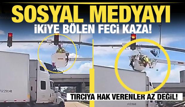 Sepetli vinç üzerindeyken kamyon çarptı! Feci kaza sosyal medyayı ikiye böldü