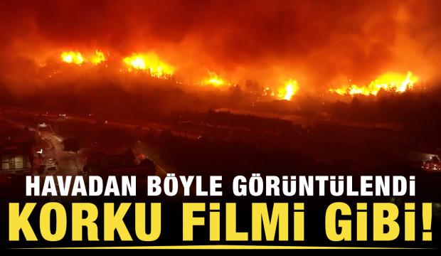 Korku filmi gibi! İzmir'deki yangın havadan böyle görüntülendi