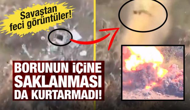 Borunun içine saklanması da kurtarmadı! Askerin drone ile vurulduğu anlar!