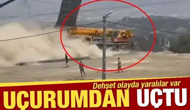 Freni patlayan vinç uçuruma yuvarlandı; 2 ağır yaralı