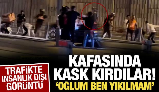 Trafikteki kavgada kafasında kask kırılan sürücü "Oğlum ben yıkılmam" sözleri dikkat çekti
