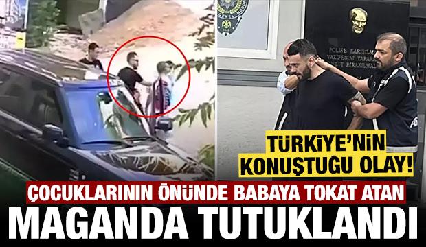 Çocuklarının gözü önünde babaya tokat atan maganda tutuklandı!
