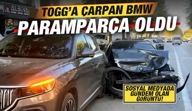 Togg'a çarpan BMW paramparça oldu! Sosyal medyayı sallayan görüntü