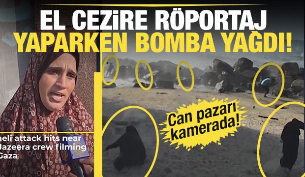 El Cezire ekibi Gazzeli anneyle röportaj yaparken bomba yağdı! Can pazarı kamerada