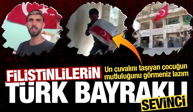 Filistinlilerin Türk bayraklı sevinci! Un çuvalını taşıyan çocuğu görmeniz lazım