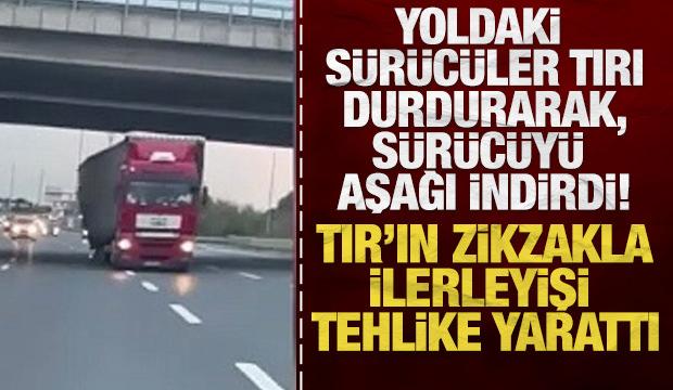 İstanbul'da tırın yolda zikzak çizerek ilerlemesi kamerada