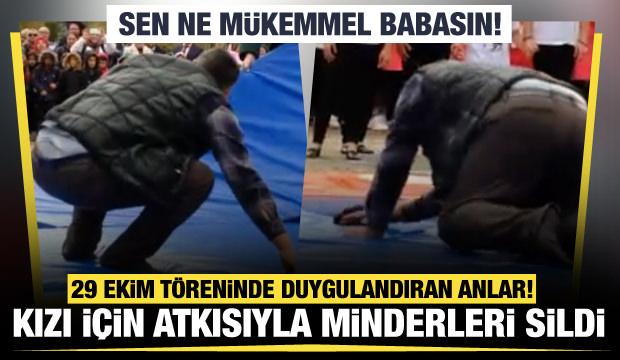 Cumhuriyet Bayramı gösterisinde duygulandıran anlar: Kızı için atkısıyla minderleri sildi