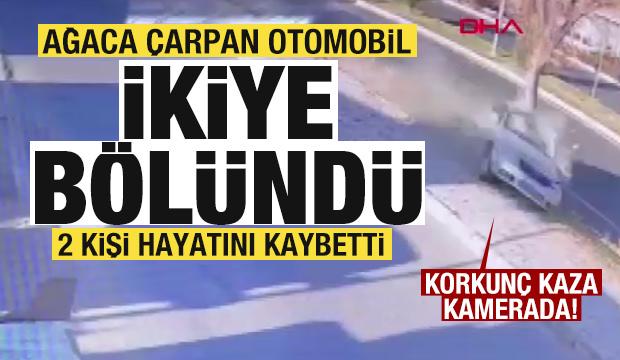Ağaca çarpan otomobil ikiye bölündü: 2 ölü 1 yaralı! Korkunç kaza kamerada!