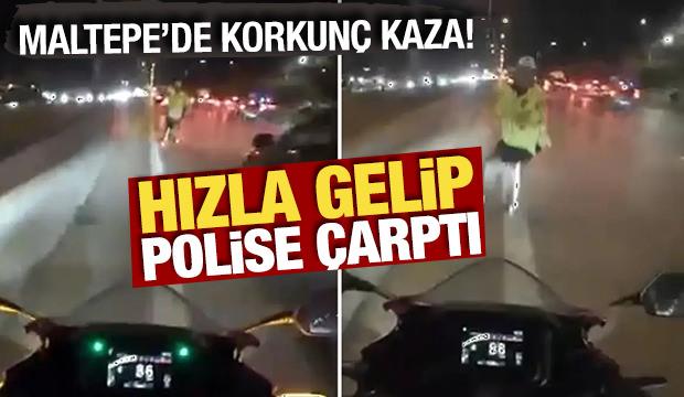 Maltepe’de motosikletin çarptığı trafik polisi yaralandı: Kaza anı kamerada