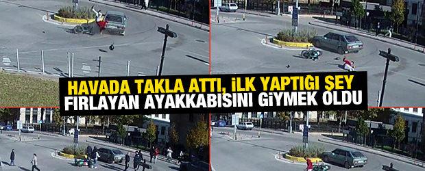 Motosikletli havada takla attı, ilk yaptığı şey fırlayan ayakkabısını giymek oldu