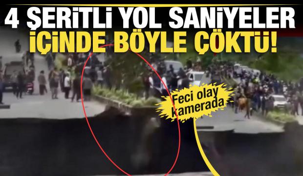  Endonezya'dan şoke eden görüntüler! 4 şeritli yol saniyeler içinde böyle çöktü