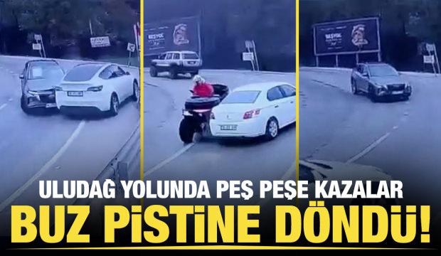 Yağmur ve kar yağışının etkili olduğu Uludağ’da araçlar böyle kaydı