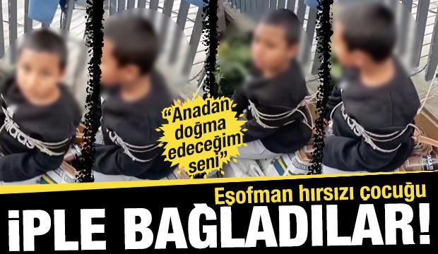 Sarıyer’de pazarda eşofman çalan çocuğun iple bağladığı anlar kamerada