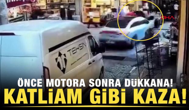 Emin&ouml;n&uuml;'nde can pazarı yaşandı! Araba &ouml;nce motora sonra d&uuml;kkana &ccedil;arptı