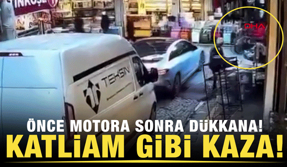 Emin&ouml;n&uuml;'nde can pazarı yaşandı! Araba &ouml;nce motora sonra d&uuml;kkana &ccedil;arptı