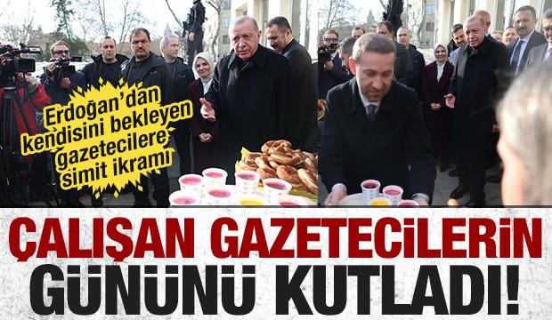Erdoğan, kendisini bekleyen gazetecilerin '&Ccedil;alışan Gazeteciler G&uuml;n&uuml;'n&uuml; kutladı!