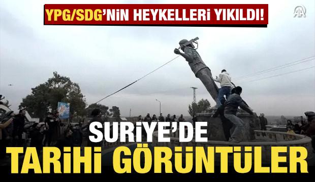 Suriye'de tarihi g&ouml;r&uuml;nt&uuml;ler: Ter&ouml;r &ouml;rg&uuml;t&uuml; YPG/SDG'nin heykelleri yıkıldı