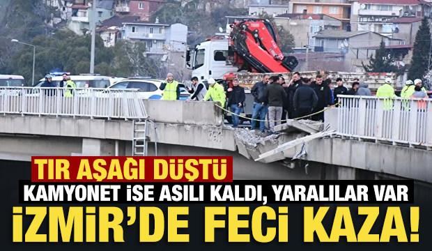 İzmir'de iş makinesi y&uuml;kl&uuml; tır viyad&uuml;kten d&uuml;şt&uuml;: Yaralılar var!