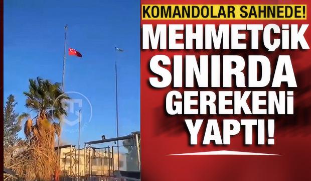 Nusaybin&ndash;Kamışlı sınır kapısında komandolar T&uuml;rk bayrağını tekrar g&ouml;ndere &ccedil;ektiği anlar.