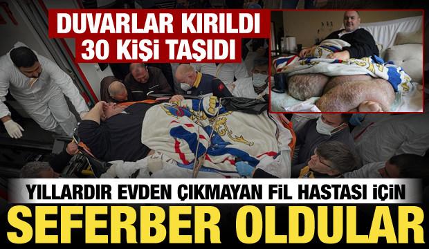 Duvarlar kırıldı, 30 kişi taşıdı! 300 kiloya ulaşan fil hastası Ankara'ya g&ouml;nderildi