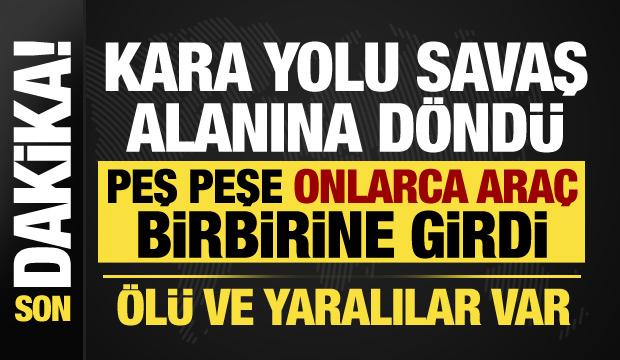 Erzurum'da kara yolu savaş alanına d&ouml;nd&uuml;: Onlarca ara&ccedil; birbirine girdi: 1 &ouml;l&uuml;, 31 yaralı