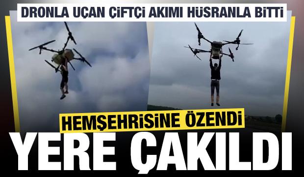 Hemşehrisine &ouml;zenen &ccedil;ift&ccedil;i, dronla yere &ccedil;akıldı