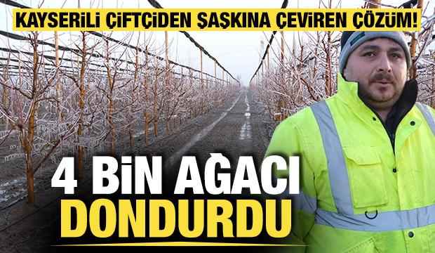 Kayserili &ccedil;ift&ccedil;inin zirai dona karşı ilgin&ccedil; &ccedil;&ouml;z&uuml;m&uuml;: 4 bin ağacını dondurdu 