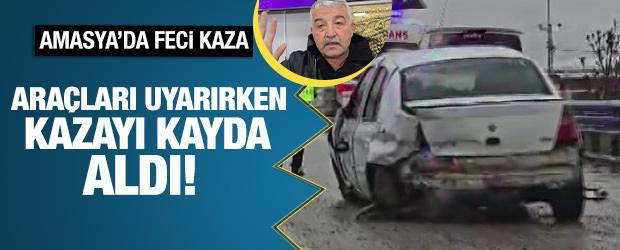 Ara&ccedil;ları uyarmaya &ccedil;alışırken kazayı saniye saniye g&ouml;r&uuml;nt&uuml;ledi!