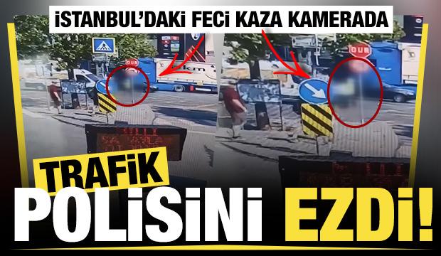 Dolmabah&ccedil;e'de trafik polisine minib&uuml;s &ccedil;arptı! Korkun&ccedil; kaza kamerada