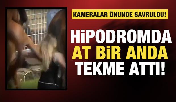 At tekmesiyle kadın bir anda savruldu! Hipodromda korku dolu anlar