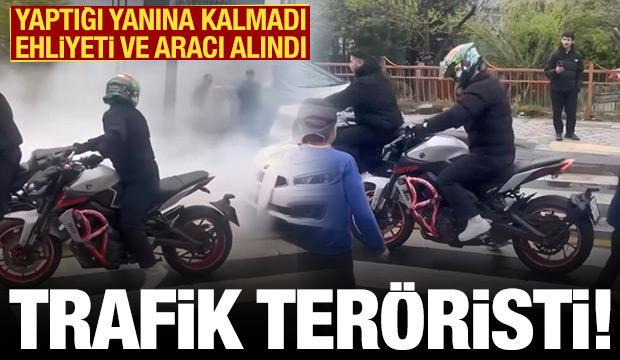 D&uuml;ğ&uuml;n konvoyunda motosikletle patinaj &ccedil;eken trafik ter&ouml;ristine ceza yağdı!