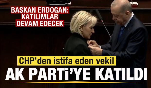CHP'den istifa eden Nimet &Ouml;zdemir AK Parti'ye katıldı! Rozetini Erdoğan taktı
