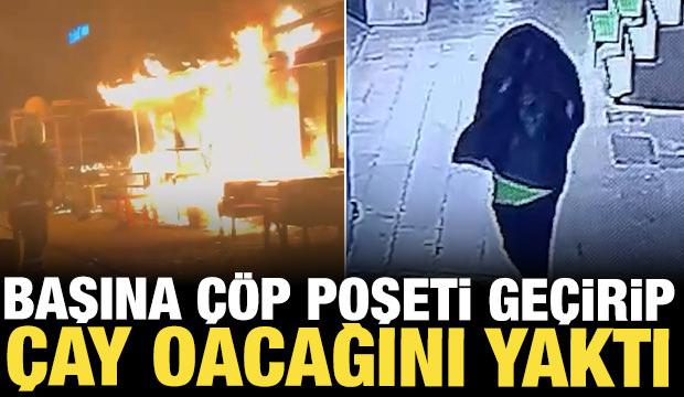 &Ccedil;&ouml;p poşeti ile y&uuml;z&uuml;n&uuml; saklayıp, &ccedil;ay ocağını yaktı; o anlar kamerada