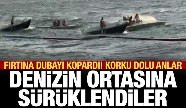 Fırtına dubayı kopardı &uuml;zerindekiler a&ccedil;ık denize s&uuml;r&uuml;klendi: Dehşet anları!