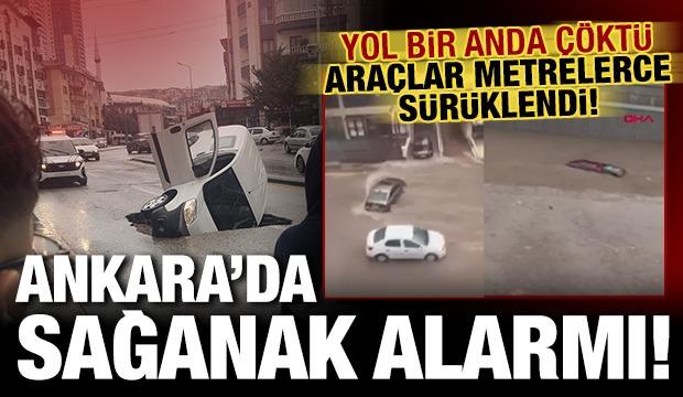 Ankara'da korkutan g&ouml;r&uuml;nt&uuml;: Yol &ccedil;&ouml;kt&uuml;, ara&ccedil; &ccedil;ukura saplandı! 