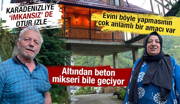 Rize'de engebeli araziye sıra dışı &ccedil;&ouml;z&uuml;m: Yol &uuml;zerine dev kolonlarla villa kurdu