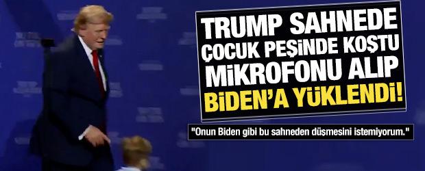 Trump sahnede &ccedil;ocuk peşinde koştu, mikrofonu alıp Biden&rsquo;a y&uuml;klendi!