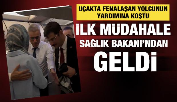 U&ccedil;akta rahatsızlanan yolcuya sağlık bakanı ilk m&uuml;dahaleyi yaptı...