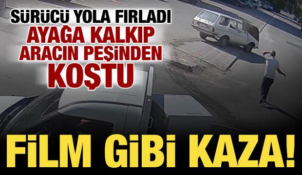 Bu kaza ancak filmlerde olur! Ara&ccedil;tan fırladı, otomobilinin peşinden koştu