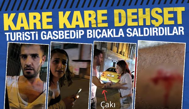 Karak&ouml;y&rsquo;de Kanadalı turisti &ouml;nce gasp ettiler sonra bı&ccedil;akla saldırdılar o anlar kamerada
