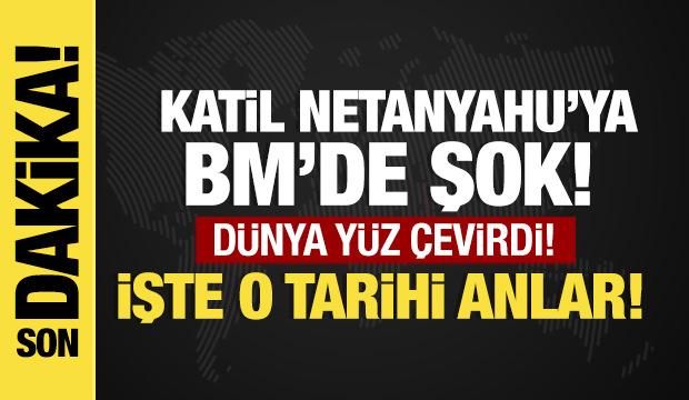 Katil Netanyahu BM'de şok! D&uuml;nya y&uuml;z &ccedil;evirdi: İşte o tarihi anlar