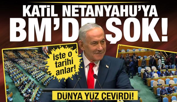 Katil Netanyahu BM'de şok! D&uuml;nya y&uuml;z &ccedil;evirdi: İşte o tarihi anlar