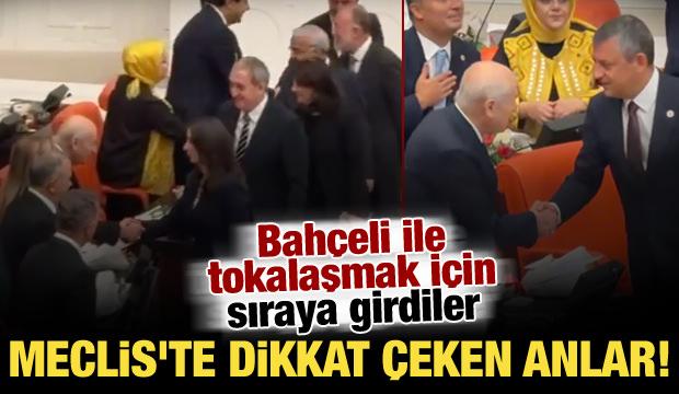 Meclis'te dikkat &ccedil;eken temas: Bah&ccedil;eli, &Ouml;zel ve DEM Parti heyetiyle tokalaştı