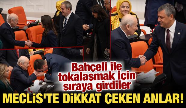 Meclis'te dikkat &ccedil;eken temas: Bah&ccedil;eli, &Ouml;zel ve DEM Parti heyetiyle tokalaştı