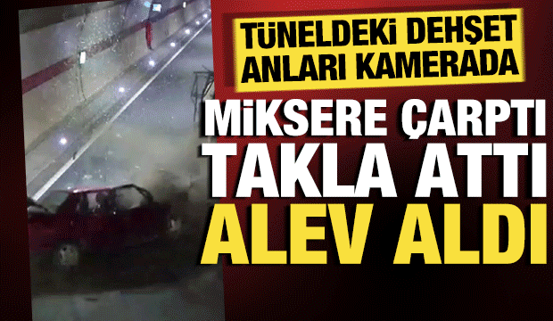 Beton mikserine &ccedil;arpan ara&ccedil; takla atıp alev aldı: Feci kaza anı kamerada!